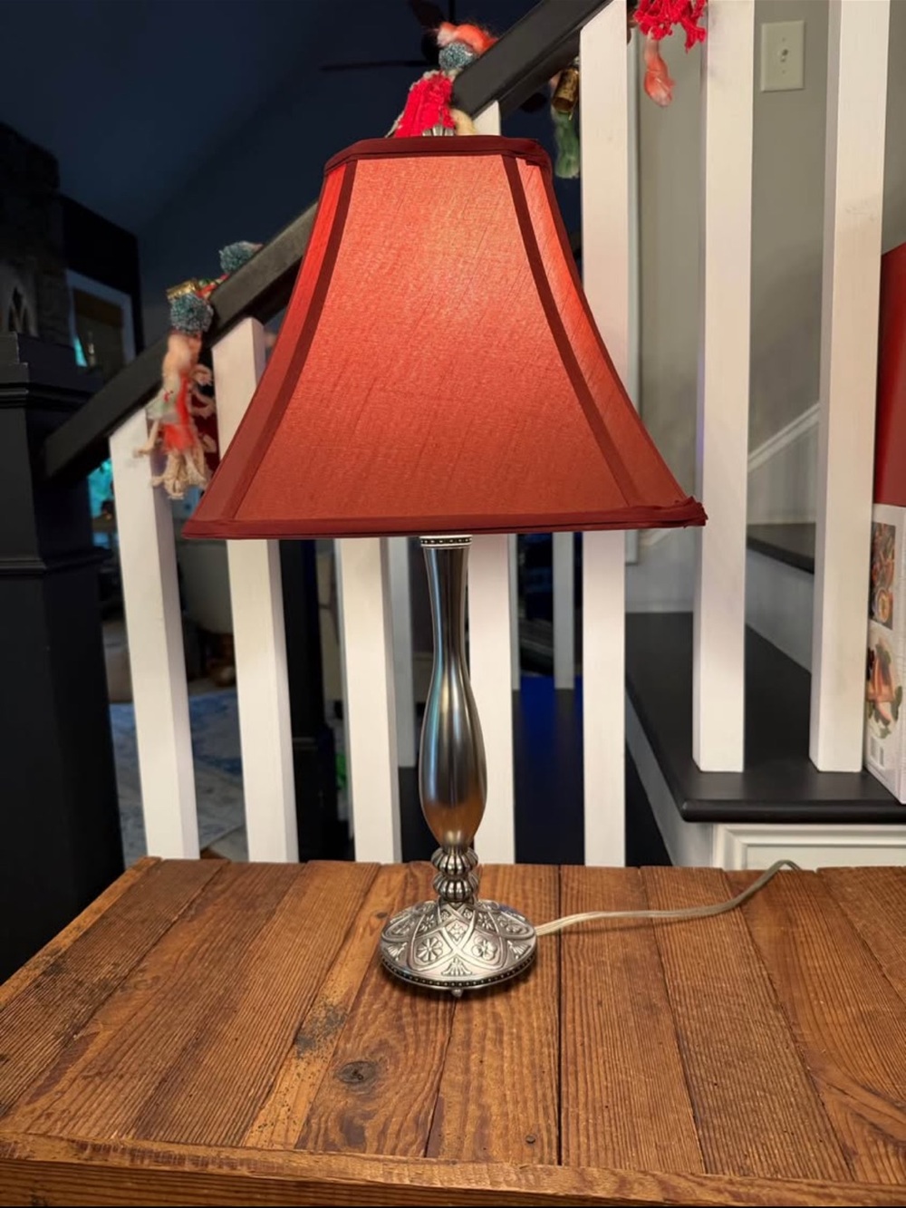 Classic Red Shade Table Lamp with Silver/Pewter-Tone Base